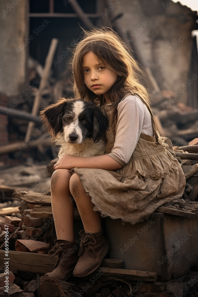 a beautiful girl sits with a dog on the ruins. Generative AI a beautiful girl sits with a dog on the ruins. Generative AI