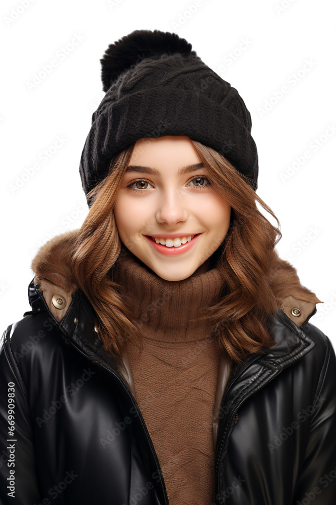 Portrait of a happy teenager girl wearing a winter jacket and hat isolated on a white transparent background Portrait of a happy teenager girl wearing a winter jacket and hat isolated on a white transparent background