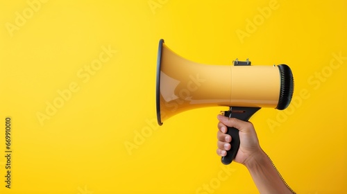 Hand holding Speaker Megaphone copy space Yellow Background. AI generated image