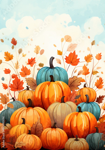 Pumpkin Harvest  Thanksgiving or Halloween card illustration