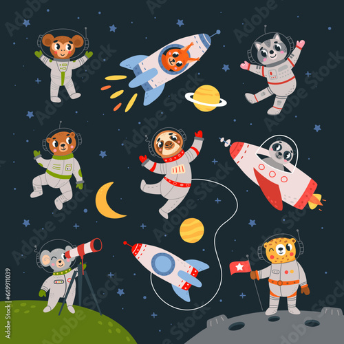 Space adventures animals set. Cute animal wear suits and flying in universe. Game children characters, funny kids stickers classy vector templates