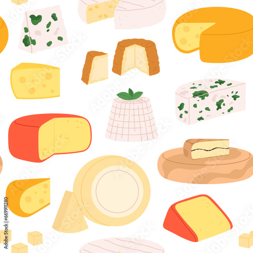 Cheese seamless pattern. Cheeses chunks, gouda, maasdam and dot blue, mozzarella and parmesan. Delicious curds, fresh products racy vector background