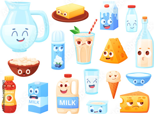 Cute dairy characters, cartoon faces on milk, cheese and yogurt. Childish fresh food mascots. Milkshake, cottage cheese and cream nowaday vector clipart