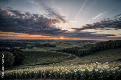 Landscape photo of daffodils in sunset and cloudy village