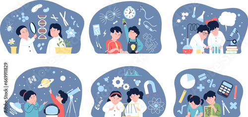 Children in science, education and knowledge concept. Chemistry, biology, math and physics lessons. Scientific experiments recent vector scenes