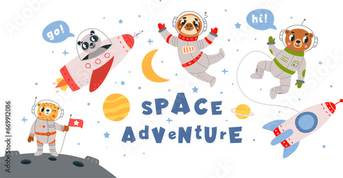 Space travel and adventure animals print. Astronauts wear suits and helmets and flying in universe in rocket. Funny animal classy children vector design