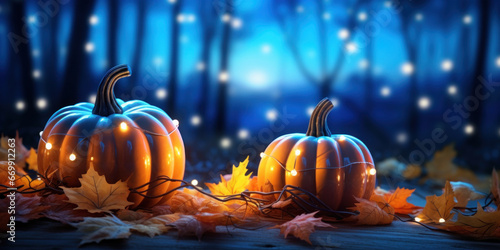 Pumpkins with fall leaves against a starry blue sky