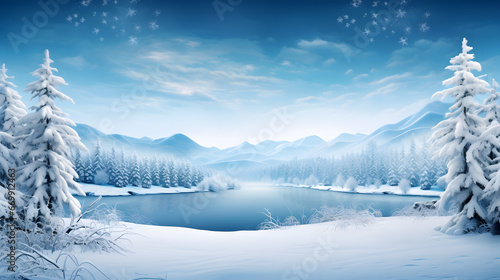 Design a serene winter landscape with a frozen lake and intricately detailed snowflakes gently descending, creating a tranquil and highly detailed snowflakes background.
