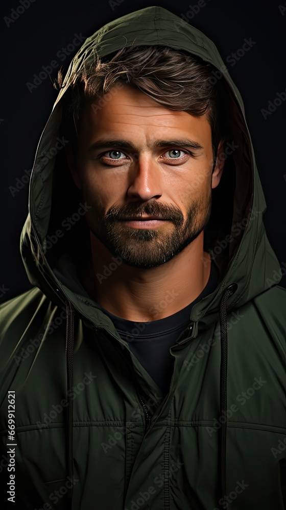 Handsome man in green hoodie on background. Man portrait illustration. Generative AI Handsome man in green hoodie on background. Man portrait illustration. Generative AI