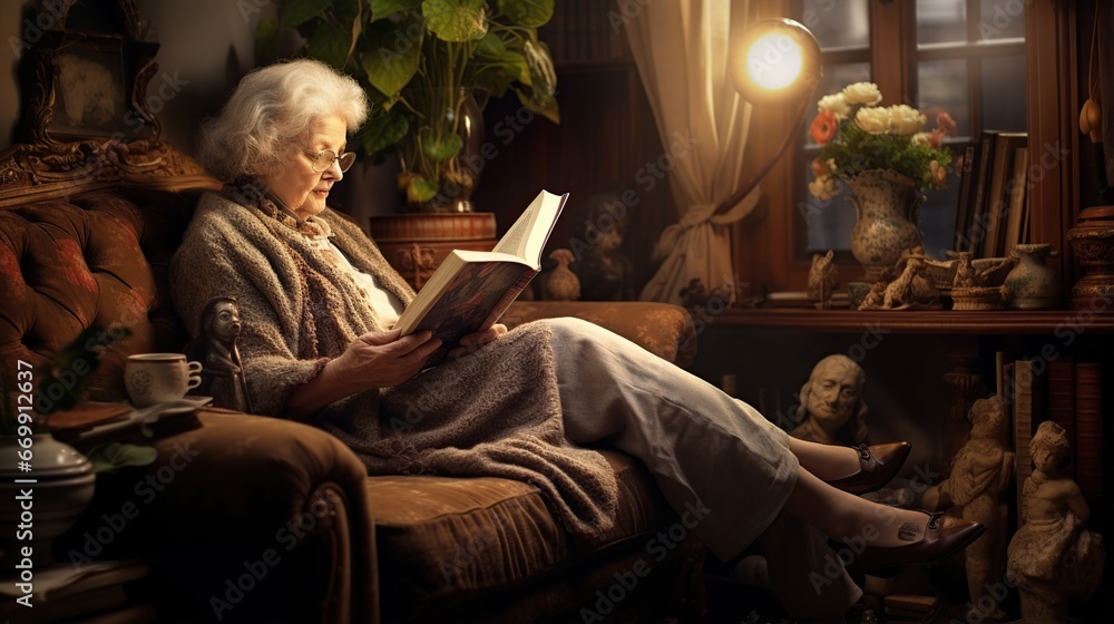 Old woman reading a book while sitting on couch at home vintage style. AI generated image
