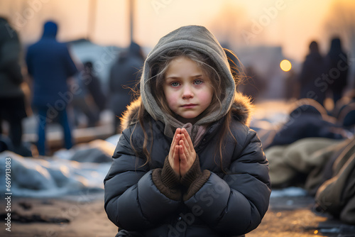 Child praying at a refugee camp ai generated art.