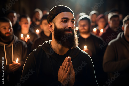 Muslim man with beard praying in temple ai generated art.  photo