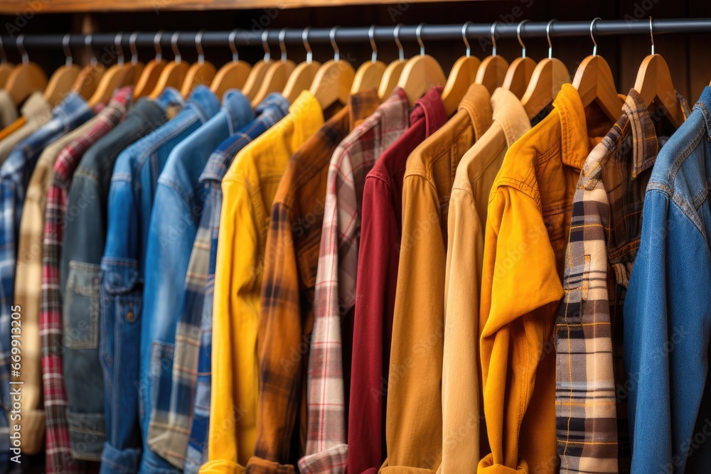 Obraz premium A shirts on hang for sale in shop at luxury shopping mall. Generative AI