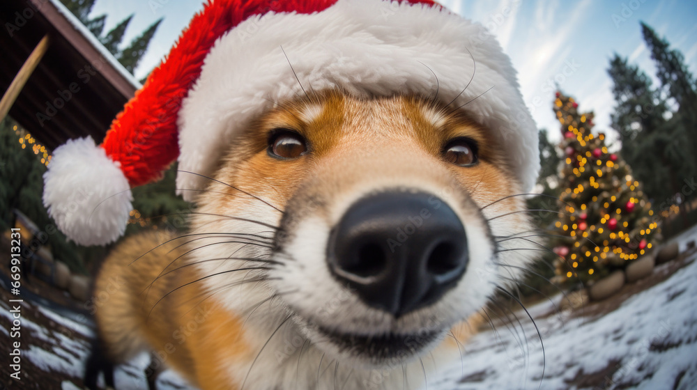 Fox on Santa hat on blur bokeh background Fox on Santa hat on blur bokeh background