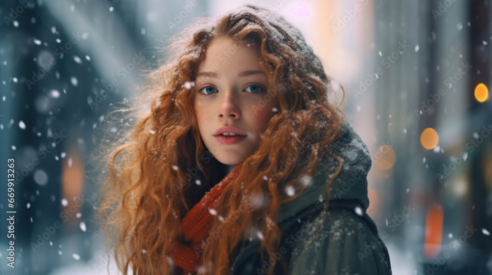 Young girl walk. It's snowing Young girl walk. It's snowing