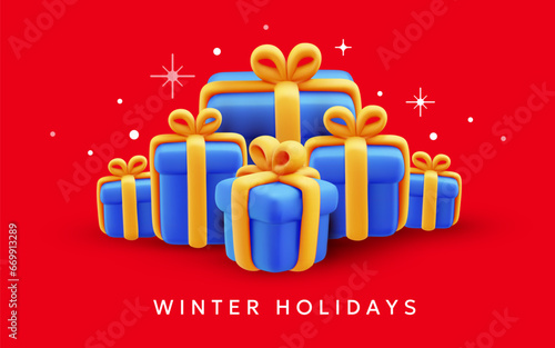 Vector christmas illustration of realistic gift box with ribbon on red background. 3d style holiday design of pile of present box. Festive gift surprise