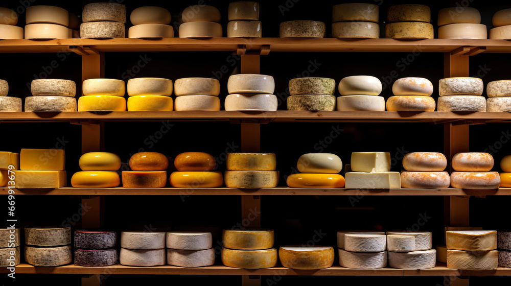 different cheeses stacked on shelves at a creamery
