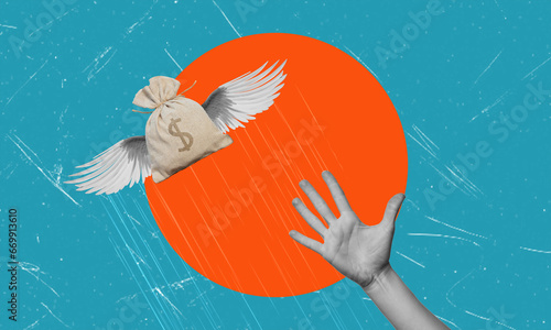 Photography A modern artistic collage where a hand is trying to grasp a bag of money that is flying away with wings