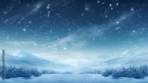 Winter snowy scene landscape in the mountains with snowflakes and stars. Snow wallpaper background