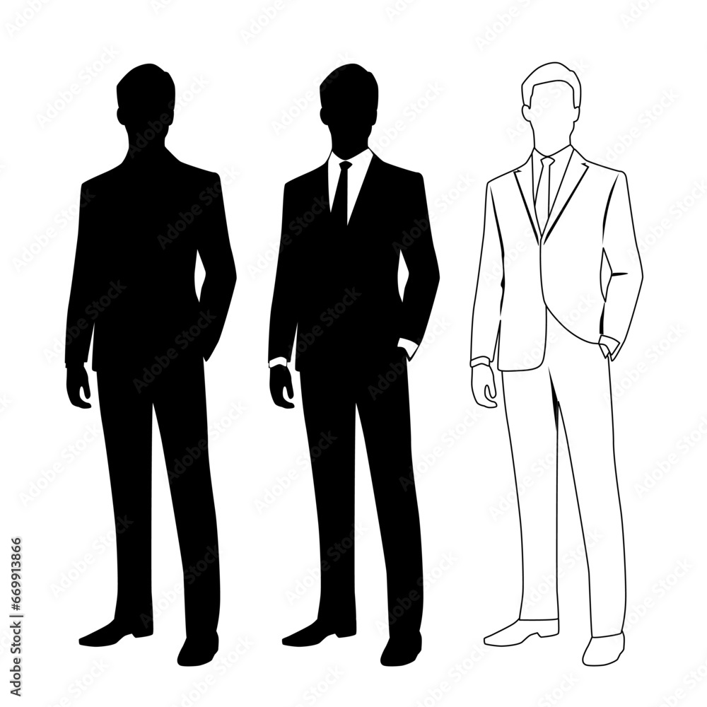 Vector silhouette of man standing, business people, linear sketch, black color, isolated on white background Vector silhouette of man standing, business people, linear sketch, black color, isolated on white background