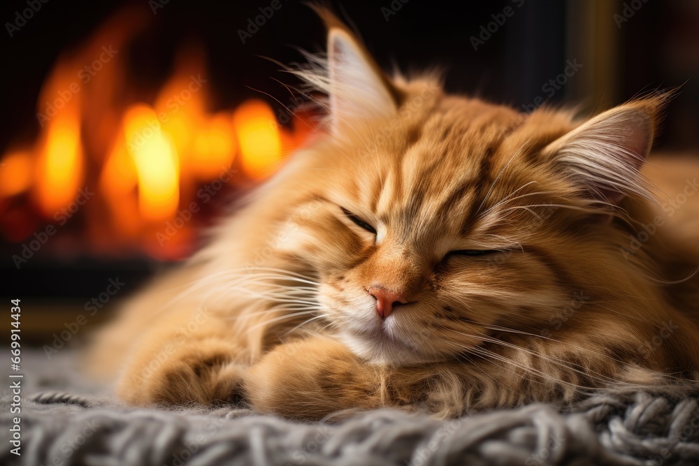 A orange cat is sleeping near the fireplace 