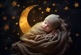 A baby is sleeping cozy sleep under the stars and the moon at night