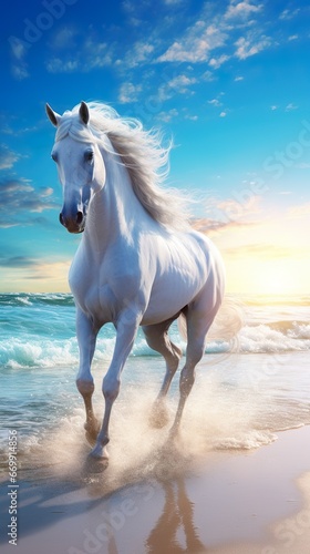 a beautiful white wild horse with very Long hair running in a soft white sand beach