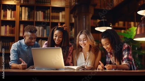 Happy group of college students working together with laptop on library. AI generated