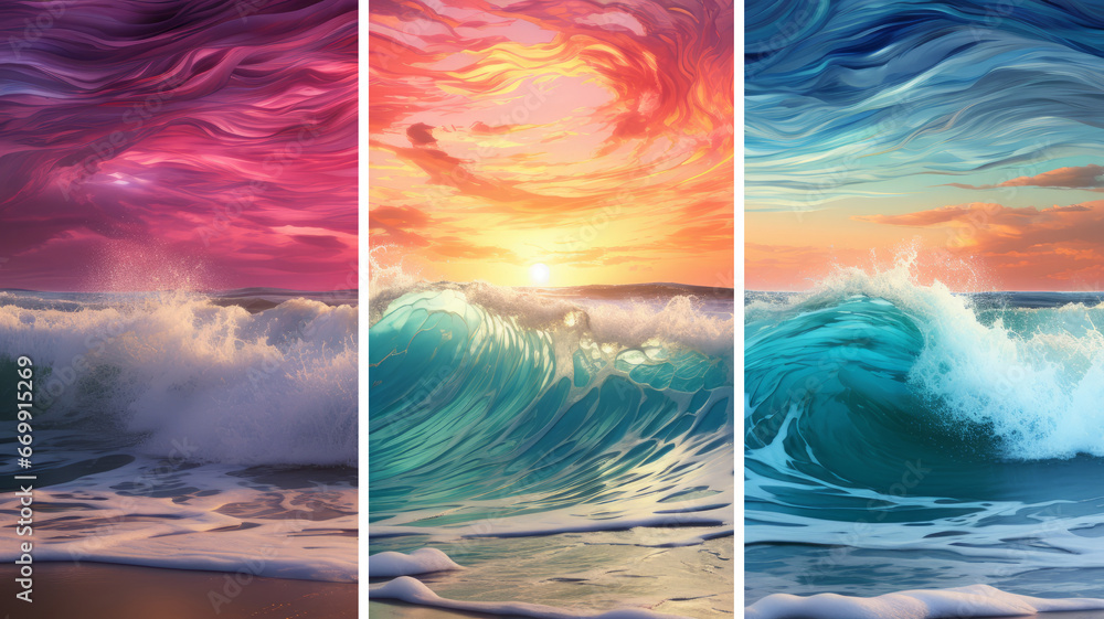 Abstract sea waves collage made of multicolored acrylic paint