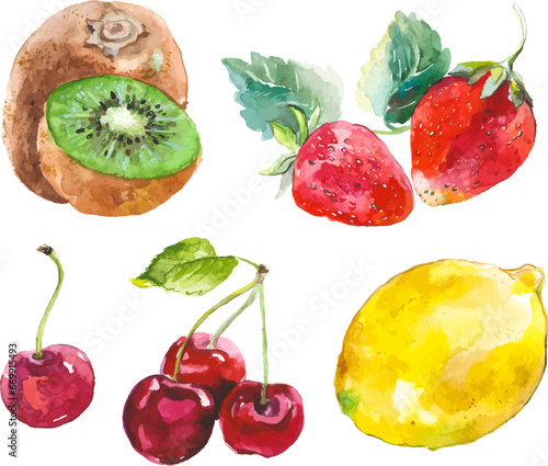 Vector Watercolor painted collection of fruits. Hand drawn fresh food design elements isolated on white background.