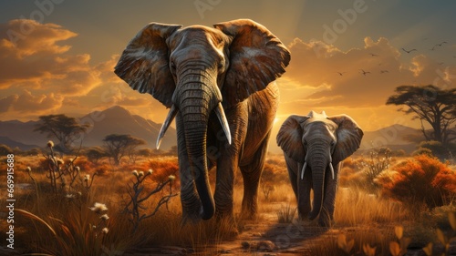 African elephant family in front of the stunning savanna sky at sunset photo
