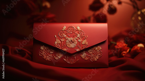 Ornate red envelope with money for gift, Chinese envelope present against a beautiful red background