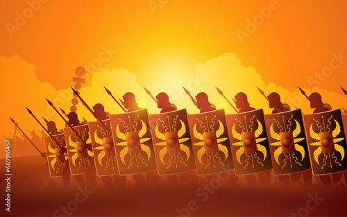Roman legionaries marching into an invasion, evoking the grandeur and power of the ancient Roman Empire. Perfect for projects related to history, warfare, or storytelling