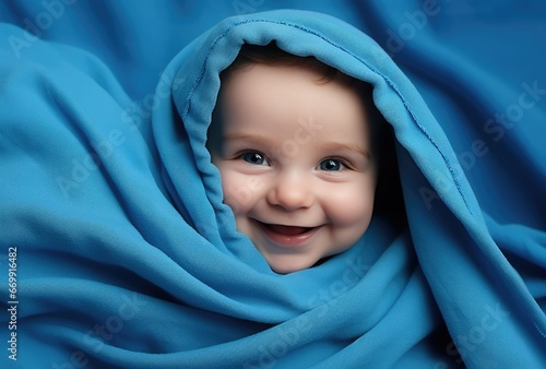 Baby boy in a blue towel after bath