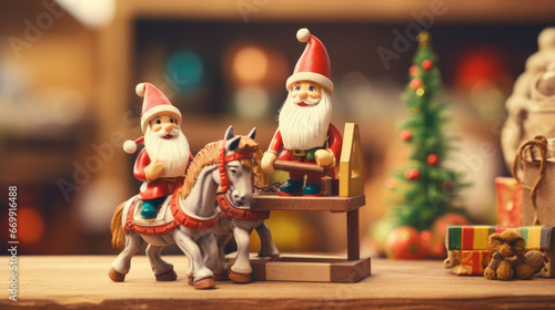 Wooden Santa Claus toy figurines in a workshop, horse, craftmanship