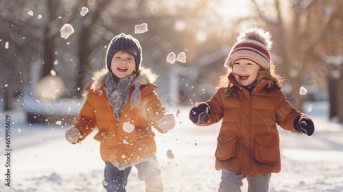 Two kids playing in the snow on a sunny winter day. Boy and girl in winter clothes having fun outdoors during December.