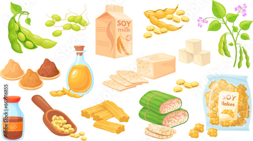 Cartoon soy food. Soybean cooking ingredients, tofu skin tempeh soya beans edamame sprout plant miso paste sauce milk protein nutrition, organic product neat vector illustration
