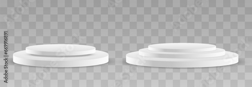 Vector 3d podium, empty stage or pedestal mockups isolated on png background. Scene and pedestal. Podium or platform for award ceremony and product presentation. Vector illustration