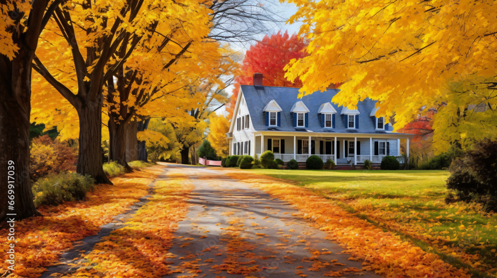 Beautiful rural houses with vibrant yellow maple tree