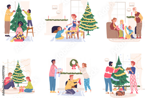 People christmas preparation. Happy family decorate tree, guy girl children preparing home new year party, couple friends gift celebrate winter holiday, classy vector illustration