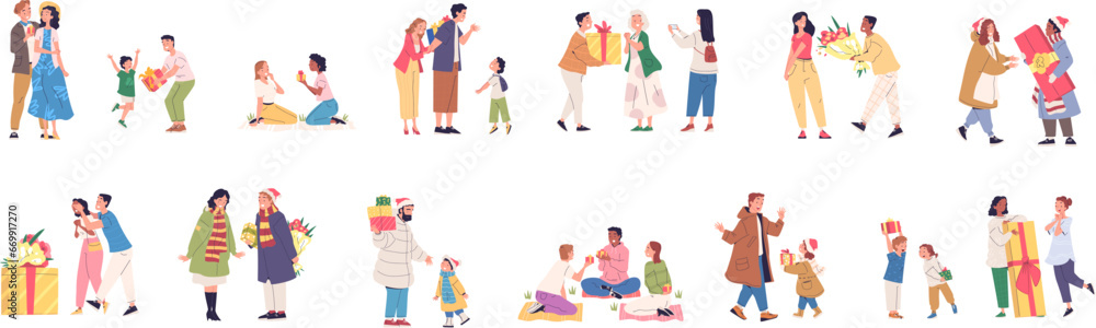 People receiving gifts. Presents gifting, happy person giving gift birthday or christmas, romantic couple surprise woman receive flower, man give present classy vector illustration