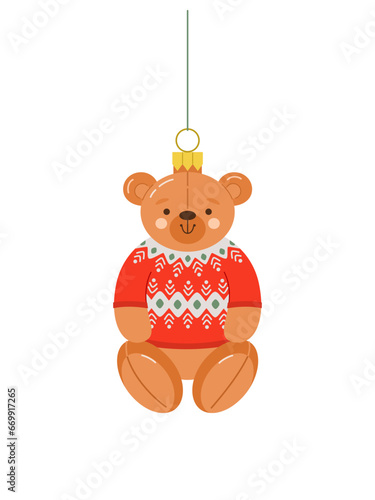 Christmas tree toy on string in the shape of bear figurine in knitted Scandinavian red sweater with an ornament. Cute vector illustration of Christmas decorations on white isolated background.