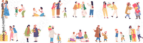 People receiving gifts. Presents gifting, happy person giving gift birthday or christmas, romantic couple surprise woman receive flower, man give present classy vector illustration
