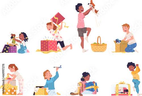 Children opening gifts. Kid boys and girls unwrap presents, excited children unpacking gift box, birthday celebration christmas surprise, child gifting classy vector illustration