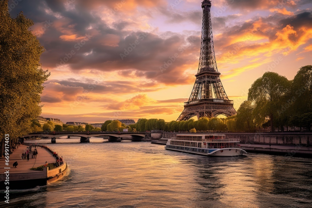 Naklejka premium Eiffel Tower and Seine river at sunset, Paris, France, The Eiffel Tower and the Seine river at sunset, AI Generated