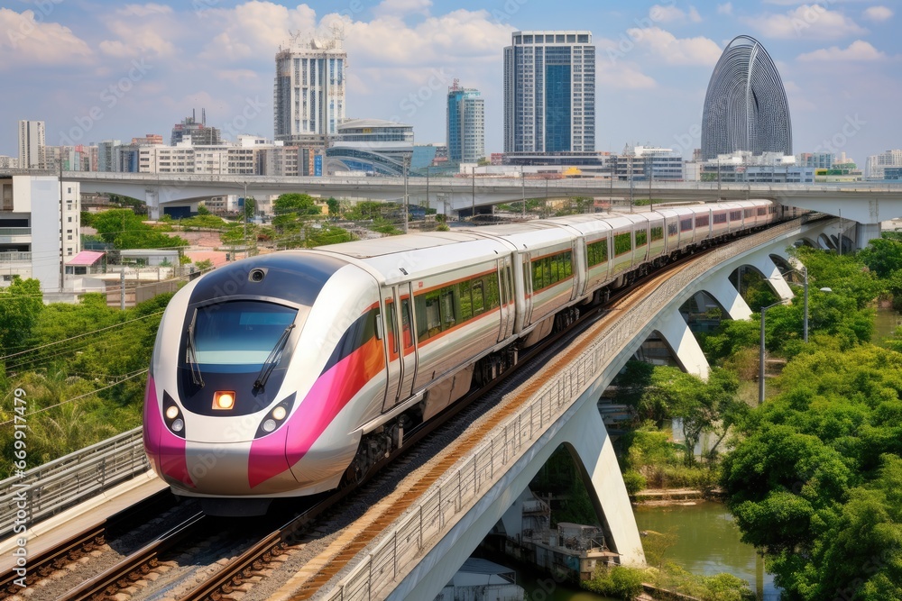 Naklejka premium High-speed train in Bangkok, Thailand, The high-speed train in Bangkok, Thailand, AI Generated