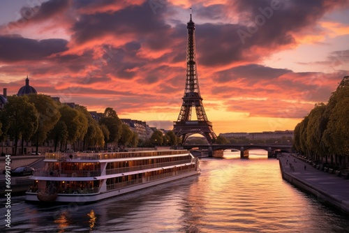 Eiffel Tower at sunset in Paris, France. View from Seine river, The Eiffel Tower and the Seine river at sunset, AI Generated