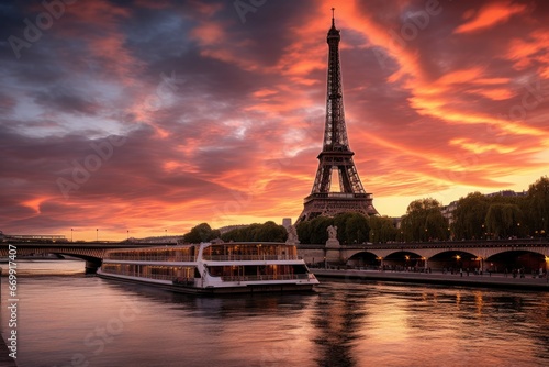 Eiffel tower and river Seine at sunset, Paris, France, The Eiffel Tower and the Seine river at sunset, AI Generated © Ifti Digital