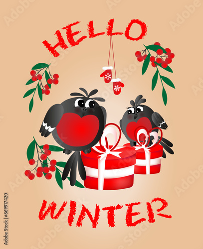 Greeting postcard. Happy new year and Merry Christmas with cute, funny family of bullfinches. You can change the text.