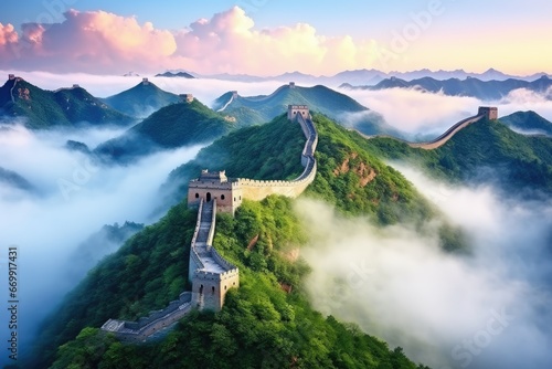 Great Wall of China at sunrise,panoramic view with clouds, The Great Wall of China in the mist , lying long, surrealist view from drone photography, 8k , AI Generated photo